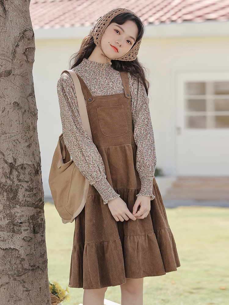 Autumn Winter Floral Top and Corduroy Pinafore Dress Two-Piece Set - Style beedfa