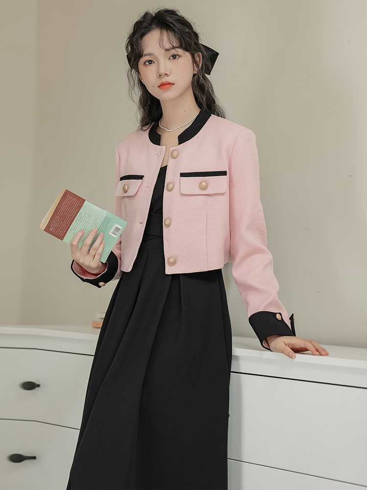 Early Autumn Pink Tweed-Style Dress Set for Women 2024 Age-Reducing Two-Piece Dress