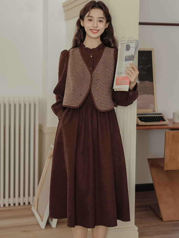 Corduroy Vest Dress Two-Piece Set Autumn Winter Korean Style Midi Dress for Petite Women