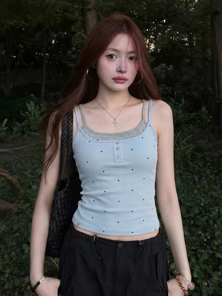 Light Blue Polka Dot Fake Two-Piece Cami Top for Women 2026 Summer Korean Style