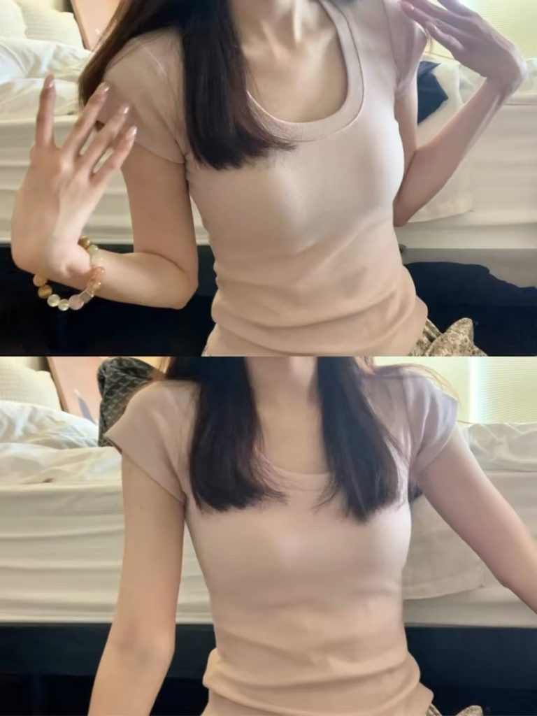 Dopamine Pink U-Neck Slimming Short Sleeve T-Shirt for Women 2026 Summer New Top