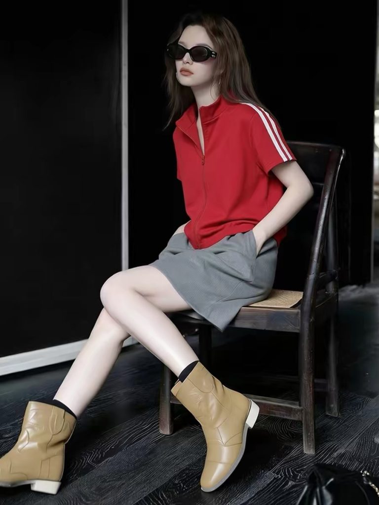 Women's Sporty Red Half-Zip Stand Collar Short Sleeve T-Shirt 2026 Summer