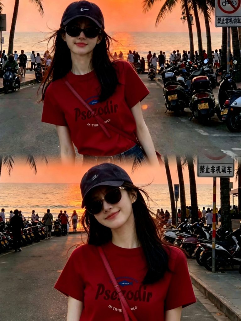 American Retro Red Short Sleeve T-Shirt for Women Summer 2026 New Bright Dopamine Outfit Top