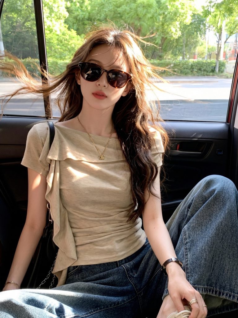 Oatmeal Slim Fit Ruffle Draped Neck Short Sleeve T-Shirt for Women 2026 Summer Elegant Asymmetric Off-Shoulder Top