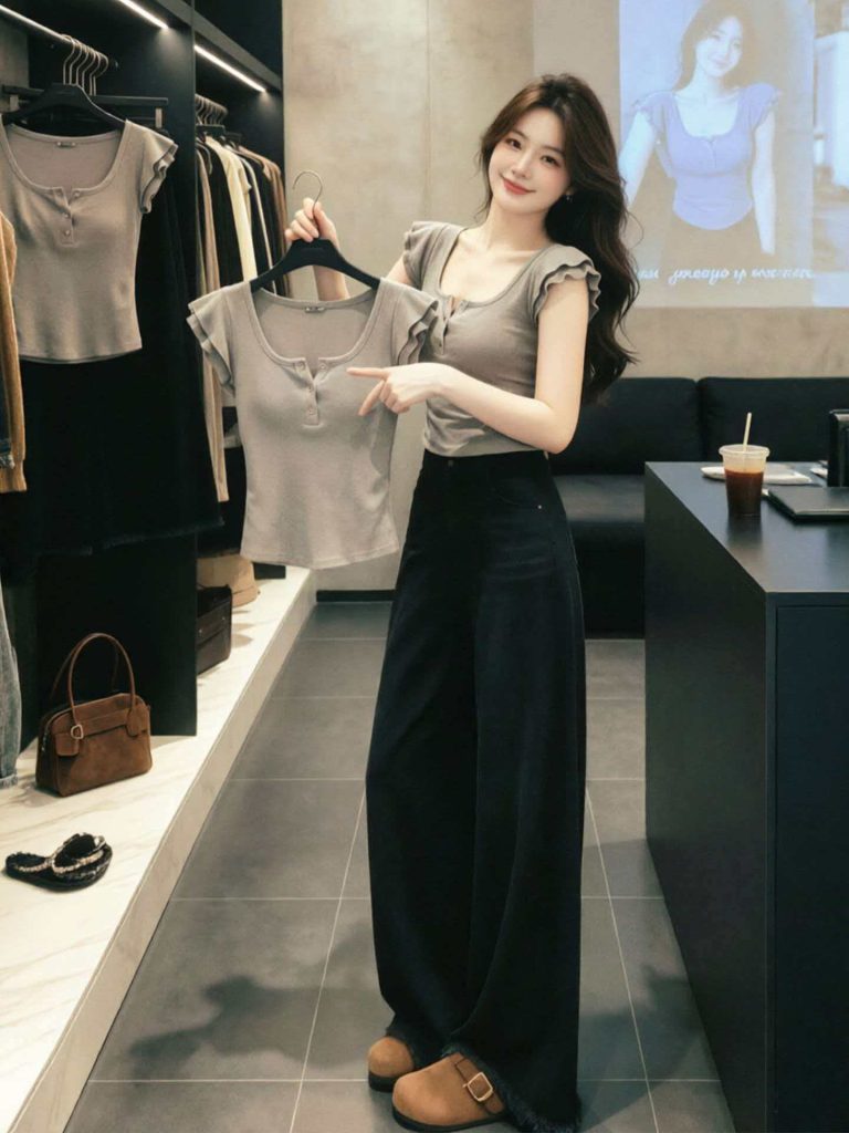 High-Quality Grey Ruffle Short-Sleeve Slim-Fit U-Neck Button T-Shirt for Women 2026 Summer