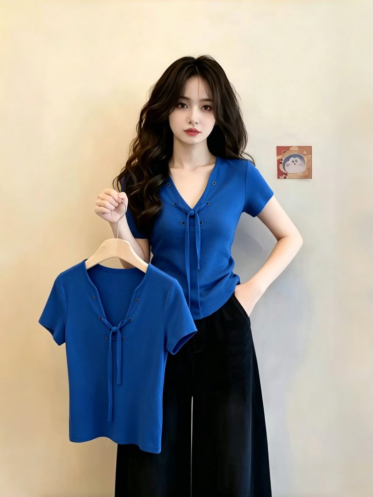 Klein Blue V-Neck Lace-Up Slim Fit Short Sleeve T-Shirt for Women 2026 Summer Korean Style