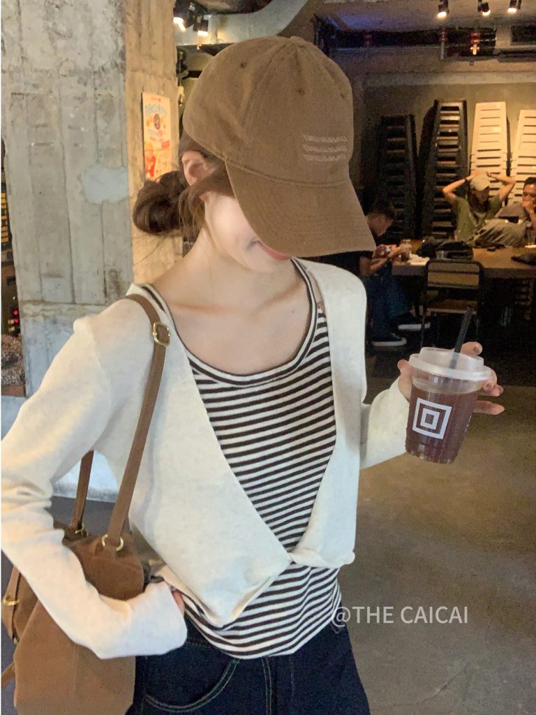 Women's Color-Block Faux Two-Piece Knit Top with Twist Detail 7026 Lazy Korean Style