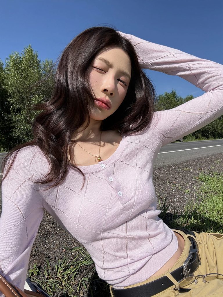 Women's Pink Purple U-Neck Knit Sweater Wool Blend Hollow Out Top