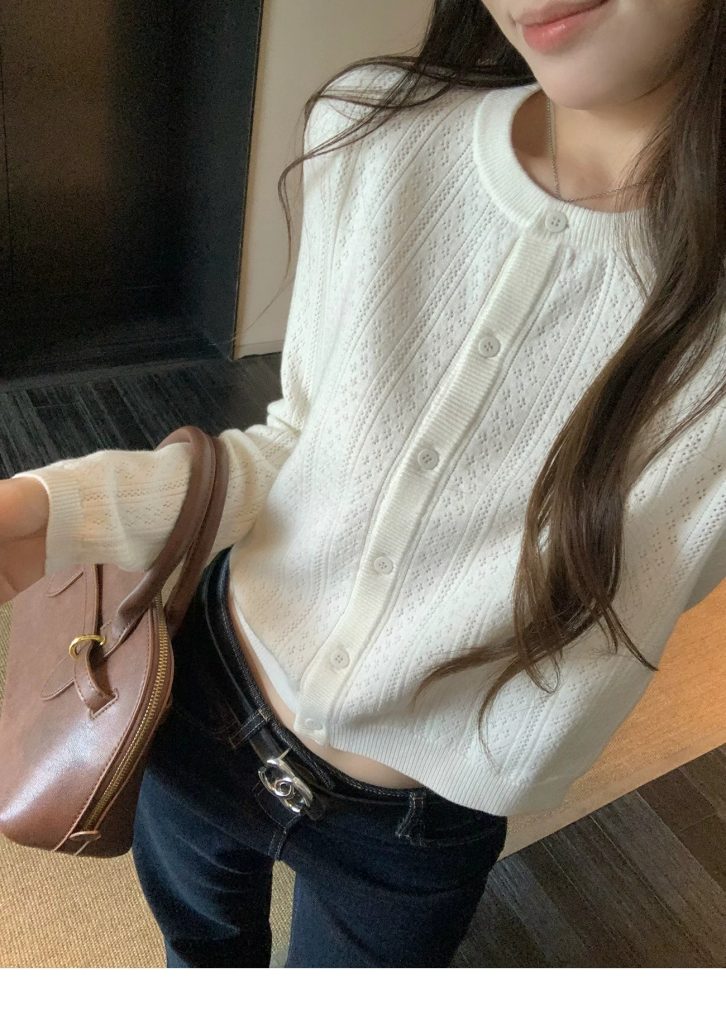 Hhyii Women's Round Neck Knit Cardigan 2026 Hollow Design Versatile Autumn Top