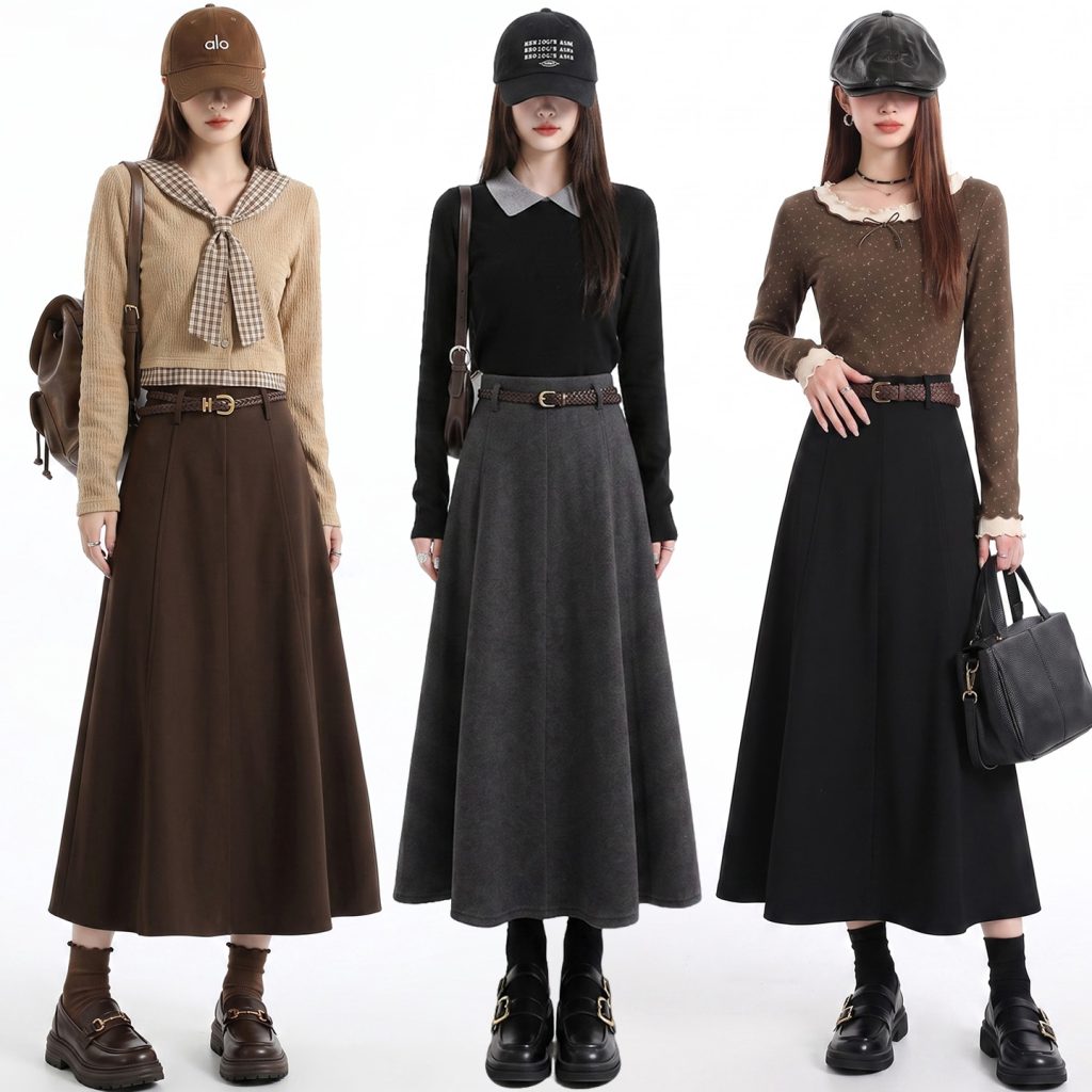 Brown A-Line Woolen Skirt Women Autumn Winter 2026 Korean High Waist Slimming Pleated Umbrella Skirt with Belt