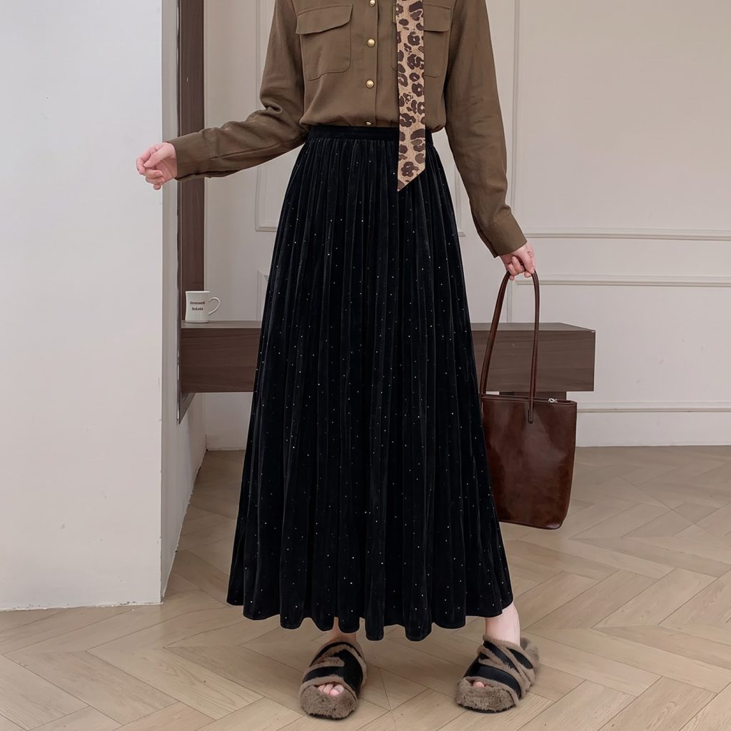 Pleated Rhinestone Velvet Midi Skirt with Textured A-Line Silhouette