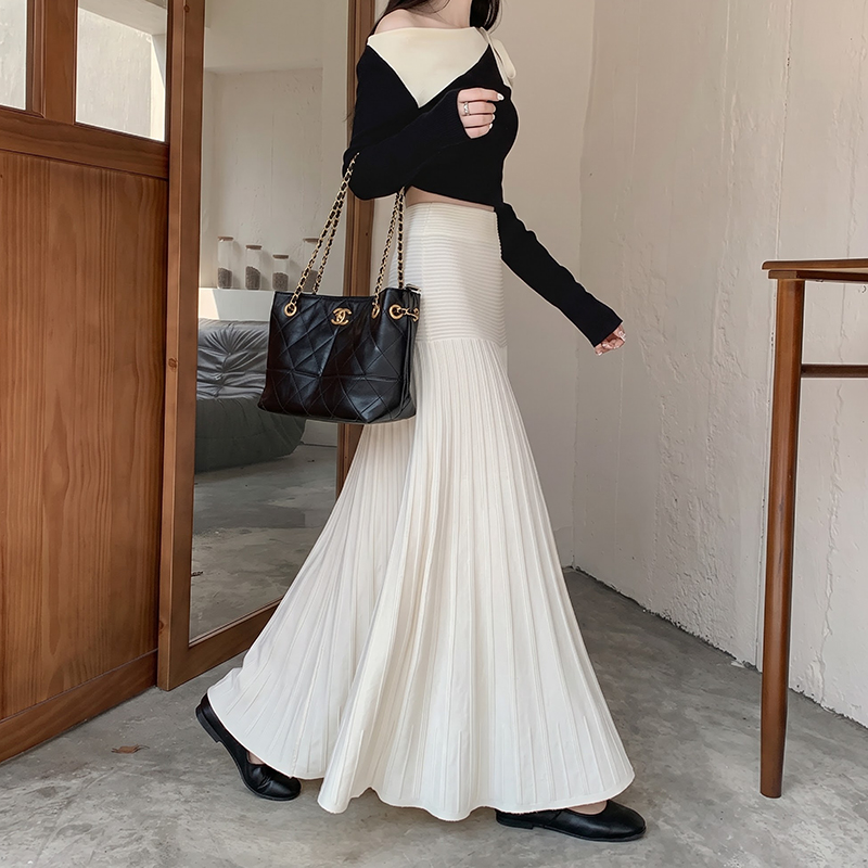 Korean Style White Knit Pleated Skirt Women's Fall Winter High Waist Slimming A-Line Pleated Long Skirt