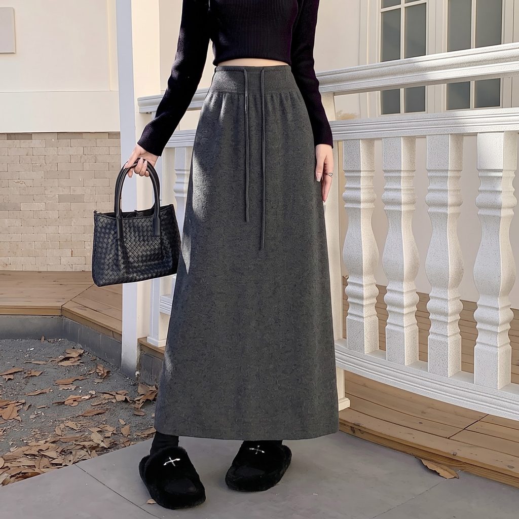Women's Knit Straight Midi Skirt with Elastic Drawstring Waist and Back Slit