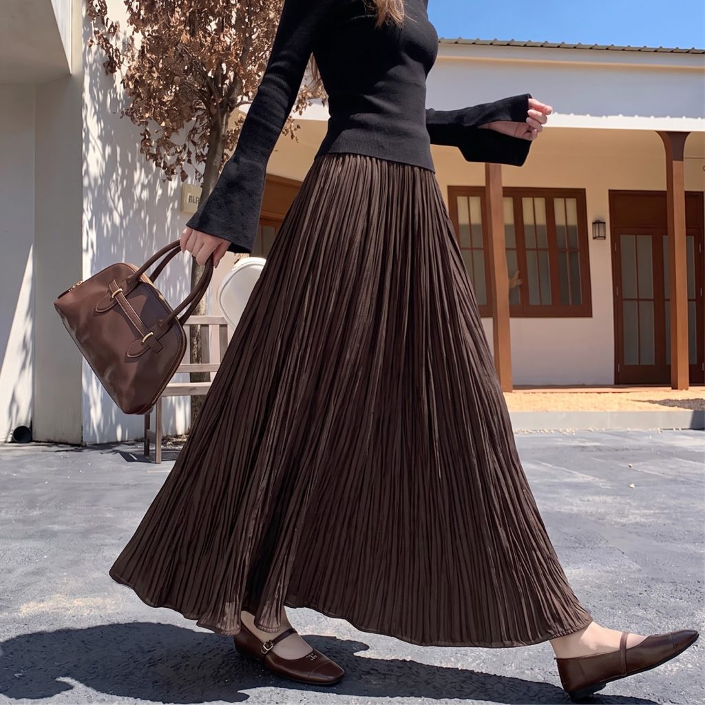 Women's Velvet Pleated Skirt 2026 Autumn High Waist A-Line Flared Long Skirt