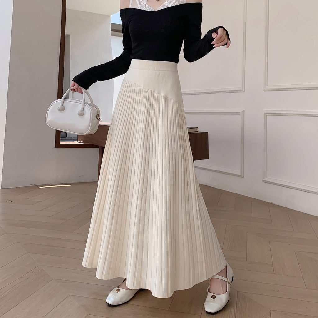 High Waist Knit Pleated Midi Skirt for Women 2026 Autumn Winter New Straight Slimming Gentle Style
