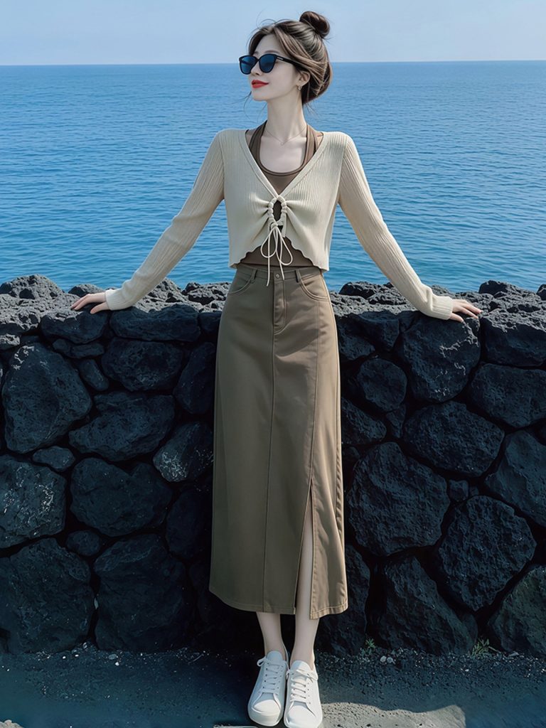 Beige Long Sleeve Knit Top Women's Early Autumn 2026 New Textured Set with Cami Korean Style