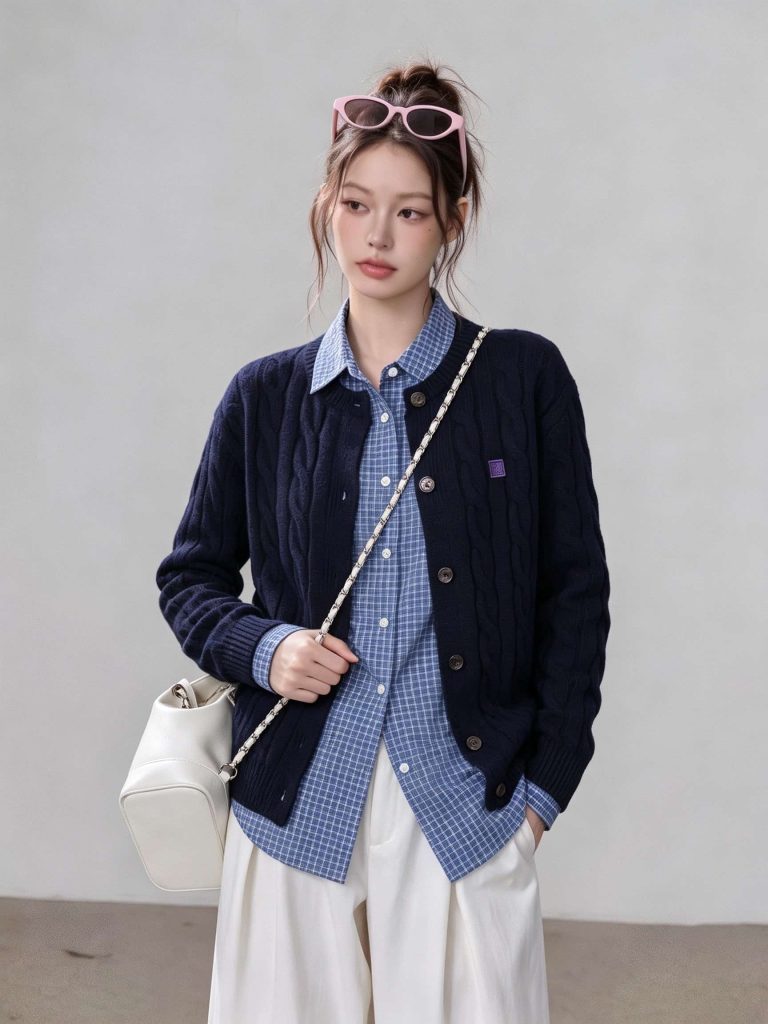 Navy Soft Knit Cardigan Sweater Women 2026 Fall Winter Thick Lazy High-End Top